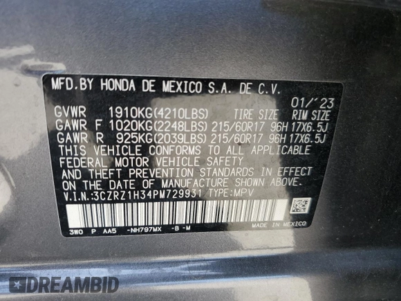 2023 Honda HR-V LX with VIN 3CZRZ1H34PM729931, listed as a Copart auction lot 59405465 with 24,375 mi miles and Salvage title. Bid and sale history available at DreamBid. Image 13.