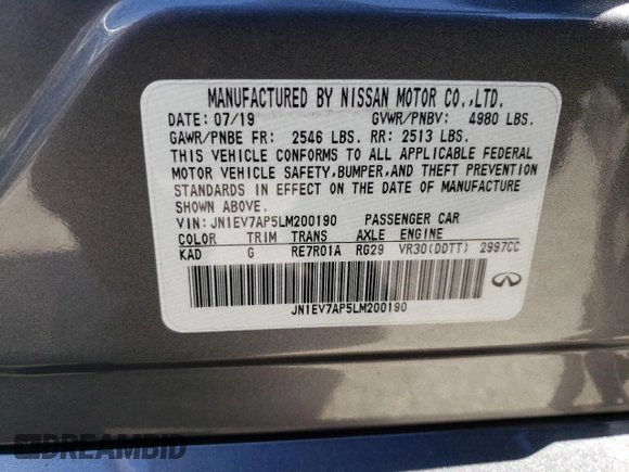 2020 Infiniti Q50 Pure with VIN JN1EV7AP5LM200190, listed as a Copart auction lot 48385695 with 47,861 mi miles and Salvage Title. Bid and sale history available at carsss.com. Image 14.