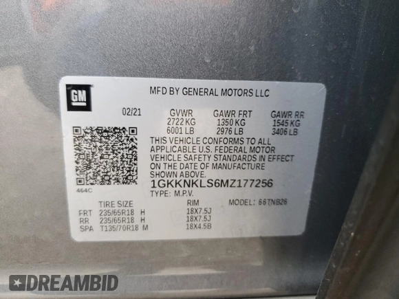 2021 GMC Acadia SLE with VIN 1GKKNKLS6MZ177256, listed as a Copart auction lot 44015375 with 98,886 mi miles and Salvage Title. Bid and sale history available at DreamBid. Image 13.