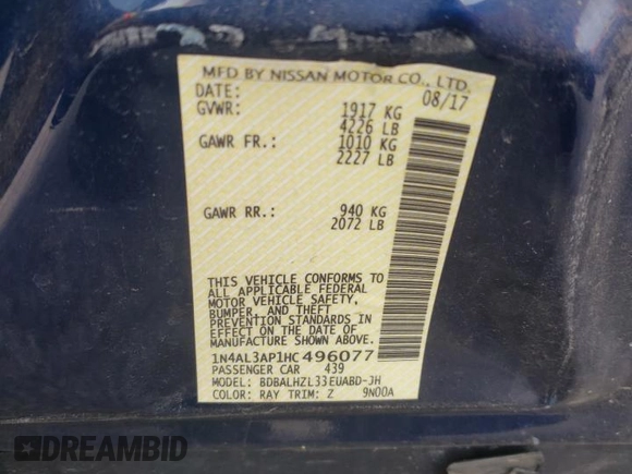 2017 Nissan Altima SR with VIN 1N4AL3AP1HC496077, listed as a Copart auction lot 71056064 with 47,953 mi miles and Salvage Title. Bid and sale history available at DreamBid. Image 12.