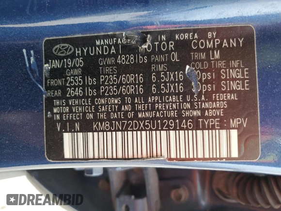 2005 Hyundai Tucson GLS with VIN KM8JN72DX5U129146, listed as a Copart auction lot 75245934 with 85,716 mi miles and Salvage Title. Bid and sale history available at carsss.com. Image 13.