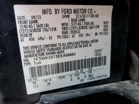 2014 Ford Super Duty F-350 SRW XLT with VIN 1FT8W3BT3EEA58883, listed as a Copart auction lot 77154994 with 168,162 mi miles and Salvage Title. Bid and sale history available at carsss.com. Image 12.