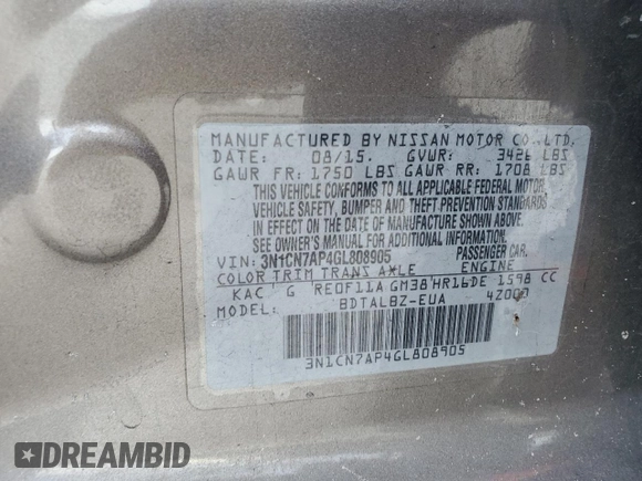 2016 Nissan Versa S with VIN 3N1CN7AP4GL808905, listed as a Copart auction lot 58518875 with 115,679 mi miles and Salvage title. Bid and sale history available at DreamBid. Image 12.