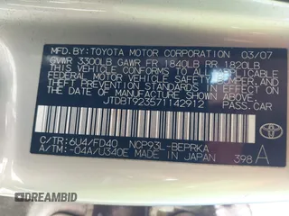 2007 Toyota Yaris with VIN JTDBT923571142912, listed as a IAAI auction lot 42221569 with 301,341 mi miles and . Bid and sale history available at DreamBid. Image 9.