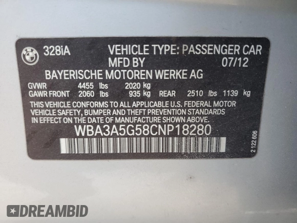 2012 BMW 3 Series 328i with VIN WBA3A5G58CNP18280, listed as a Copart auction lot 45991645 with 178,021 mi miles and Clean Title. Bid and sale history available at carsss.com. Image 12.