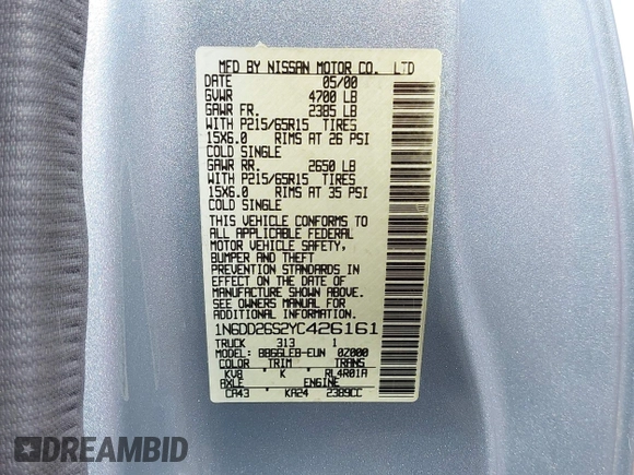 2000 Nissan Frontier XE z VIN 1N6DD26S2YC426161, wystawiony jako IAAI lot #42143414 z przebiegiem 206 698 mil mil oraz . Historia ofert i sprzedaży dostępna na DreamBid. Obrazek 9.