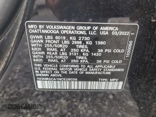 2022 Volkswagen Atlas SE with VIN 1V2HR2CA1NC526036, listed as a Copart auction lot 60133505 with 52,365 mi miles and Salvage title. Bid and sale history available at DreamBid. Image 13.