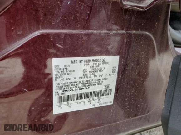 2020 Ford Edge SEL with VIN 2FMPK3J94LBB47444, listed as a Copart auction lot 59854325 with 61,710 mi miles and Salvage title. Bid and sale history available at DreamBid. Image 14.