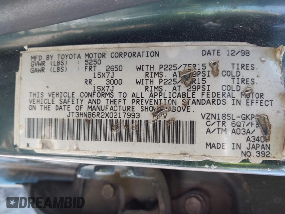 1999 Toyota 4Runner SR5 z VIN JT3HN86R2X0217993, wystawiony jako IAAI lot #42305278 z przebiegiem Nie podano mil oraz . Historia ofert i sprzedaży dostępna na DreamBid. Obrazek 9.