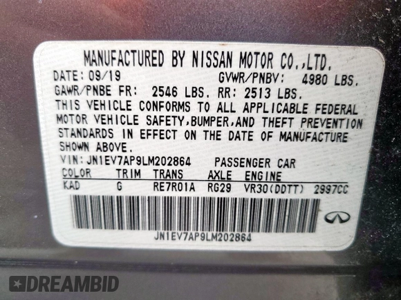 2020 Infiniti Q50 Luxe z VIN JN1EV7AP9LM202864, wystawiony jako Copart lot #57360645 z przebiegiem 82 472 mil mil oraz Czysty tytuł • Clean title. Historia ofert i sprzedaży dostępna na DreamBid. Obrazek 13.