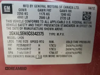 2012 GMC Terrain SLE-2 with VIN 2GKALSEK6C6342375, listed as a Copart auction lot 53983385 with 247,023 mi miles and Salvage Title. Bid and sale history available at DreamBid. Image 13.