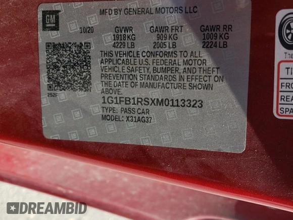 2021 Chevrolet Camaro 1LT with VIN 1G1FB1RSXM0113323, listed as a Copart auction lot 54583715 with 39,544 mi miles and Salvage title. Bid and sale history available at DreamBid. Image 12.