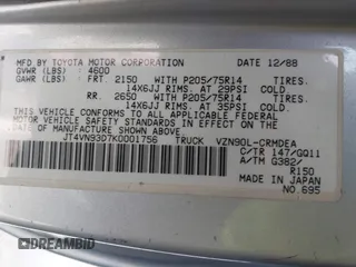 1989 Toyota Pickup с VIN JT4VN93D7K0001756, выставлен на аукционе IAAI как лот 41468936 с пробегом 187 284 миль миль и . История ставок и продаж доступна на DreamBid. Изображение 9.
