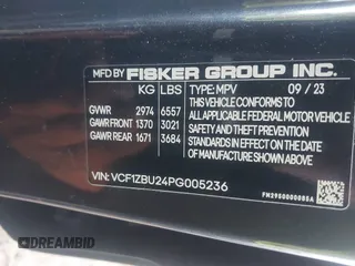 2023 Fisker Ocean One z VIN VCF1ZBU24PG005236, wystawiony jako IAAI lot #41380824 z przebiegiem 7975 mil mil oraz . Historia ofert i sprzedaży dostępna na DreamBid. Obrazek 9.