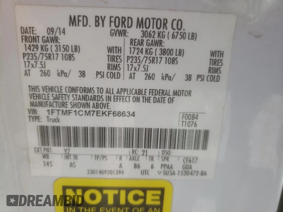 2014 Ford F-150 XL with VIN 1FTMF1CM7EKF68634, listed as a Copart auction lot 49832795 with 125,245 mi miles and Salvage Title. Bid and sale history available at carsss.com. Image 13.