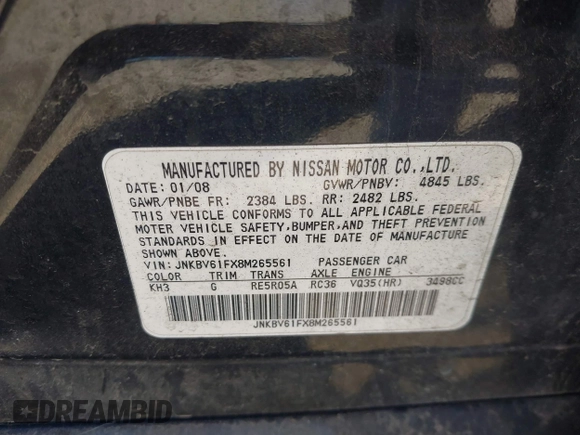 2008 Infiniti G35 x with VIN JNKBV61FX8M265561, listed as a IAAI auction lot 42028294 with 233,369 mi miles. Bid and sale history available at carsss.com. Image 9.