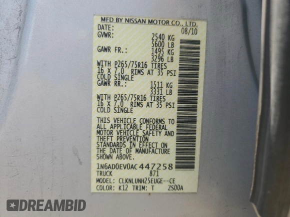 2010 Nissan Frontier SE with VIN 1N6AD0EV0AC447258, listed as a Copart auction lot 64122925 with 112,397 mi miles and Clean title. Bid and sale history available at DreamBid. Image 12.