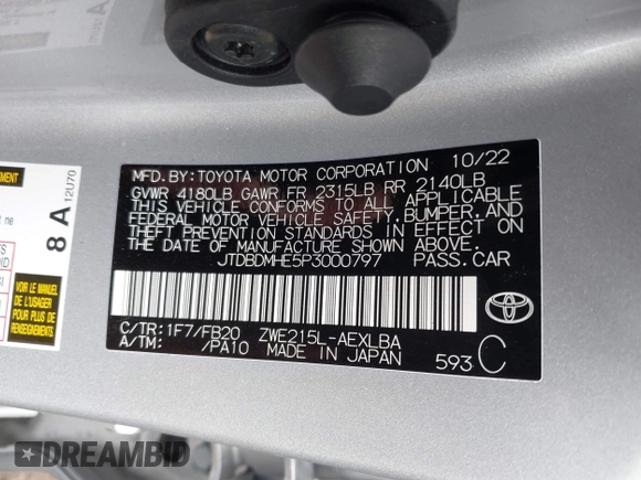 2023 Toyota Corolla Hybrid LE with VIN JTDBDMHE5P3000797, listed as a IAAI auction lot 40206015 with 22,371 mi miles. Bid and sale history available at carsss.com. Image 9.