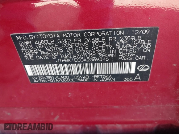 2010 Lexus ES 330 with VIN JTHBK1EG0A2369346, listed as a IAAI auction lot 41379975 with 180,402 mi miles and . Bid and sale history available at DreamBid. Image 9.