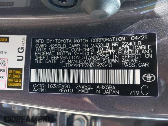2021 Toyota Prius LE with VIN JTDKAMFP3M3193640, listed as a IAAI auction lot 42023593 with 17,841 mi miles and . Bid and sale history available at DreamBid. Image 9.