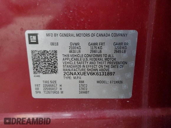 2019 Chevrolet Equinox LT with VIN 2GNAXUEV6K6131897, listed as a Copart auction lot 41623355 with 64,102 mi miles and Salvage Title. Bid and sale history available at carsss.com. Image 16.