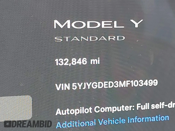 2021 Tesla Model Y Standard Range with VIN 5YJYGDED3MF103499, listed as a IAAI auction lot 41632064 with 132,846 mi miles and . Bid and sale history available at DreamBid. Image 15.