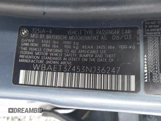 2003 BMW 3 Series 325i with VIN WBAET37453NJ36247, listed as a IAAI auction lot 42094607 with 174,501 mi miles and . Bid and sale history available at DreamBid. Image 9.