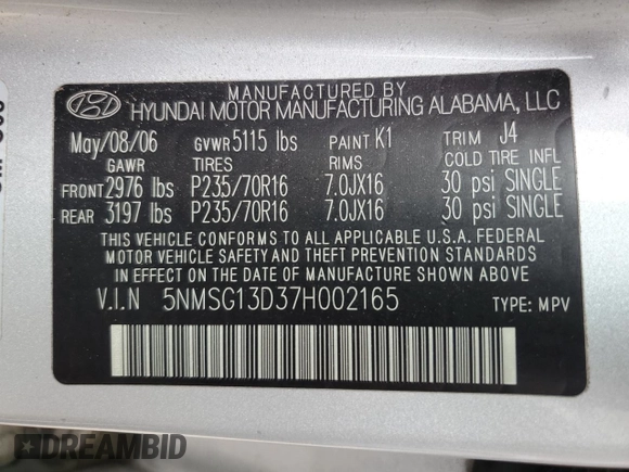 2007 Hyundai Santa Fe GLS z VIN 5NMSG13D37H002165, wystawiony jako Copart lot #56781115 z przebiegiem 163 723 mil mil oraz Szkoda całkowita • Salvage title. Historia ofert i sprzedaży dostępna na DreamBid. Obrazek 13.