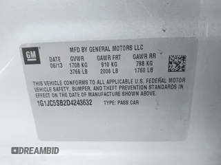 2013 Chevrolet Sonic LT with VIN 1G1JC5SB2D4243632, listed as a IAAI auction lot 42072421 with 40,289 mi miles and . Bid and sale history available at DreamBid. Image 9.