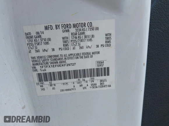 2014 Ford F-150 XL z VIN 1FTFX1EF0EKF29727, wystawiony jako IAAI lot #42033353 z przebiegiem 101 692 mil mil oraz . Historia ofert i sprzedaży dostępna na DreamBid. Obrazek 9.