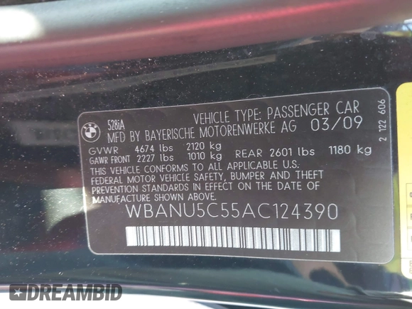 2010 BMW 5 Series 528i with VIN WBANU5C55AC124390, listed as a IAAI auction lot 41524736 with 213,184 mi miles and . Bid and sale history available at carsss.com. Image 9.