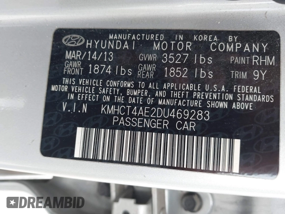 2013 Hyundai Accent GLS with VIN KMHCT4AE2DU469283, listed as a IAAI auction lot 41894969 with 231,072 mi miles and . Bid and sale history available at carsss.com. Image 9.