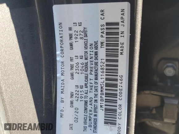 2020 Mazda 3 Preferred with VIN JM1BPBMM5L1168521, listed as a Copart auction lot 46648275 with 33,088 mi miles and Salvage Title. Bid and sale history available at DreamBid. Image 12.
