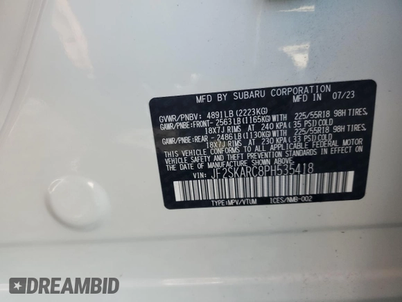 2023 Subaru Forester Touring with VIN JF2SKARC8PH535418, listed as a Copart auction lot 57315825 with 7,175 mi miles and Salvage title. Bid and sale history available at DreamBid. Image 14.