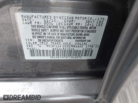 2015 Nissan Sentra SR with VIN 3N1AB7AP5FY365875, listed as a IAAI auction lot 41889207 with Not Provided miles and . Bid and sale history available at DreamBid. Image 9.