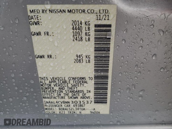 2022 Nissan Altima 2.0 SR with VIN 1N4AL4CV8NN303537, listed as a Copart auction lot 83427364 with 112,781 mi miles and Salvage Title. Bid and sale history available at carsss.com. Image 12.