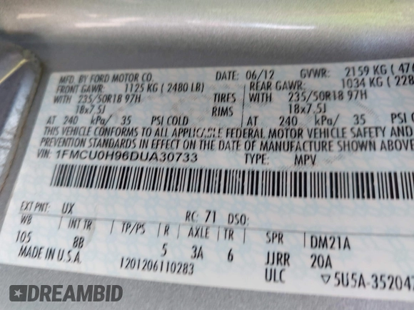 2013 Ford Escape SEL with VIN 1FMCU0H96DUA30733, listed as a IAAI auction lot 42737439 with 106,651 mi miles and . Bid and sale history available at DreamBid. Image 9.