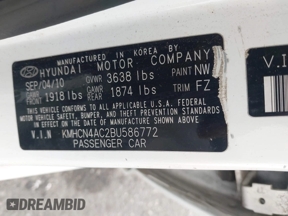 2011 Hyundai Accent GLS with VIN KMHCN4AC2BU586772, listed as a IAAI auction lot 42184751 with 236,666 mi miles and . Bid and sale history available at DreamBid. Image 9.