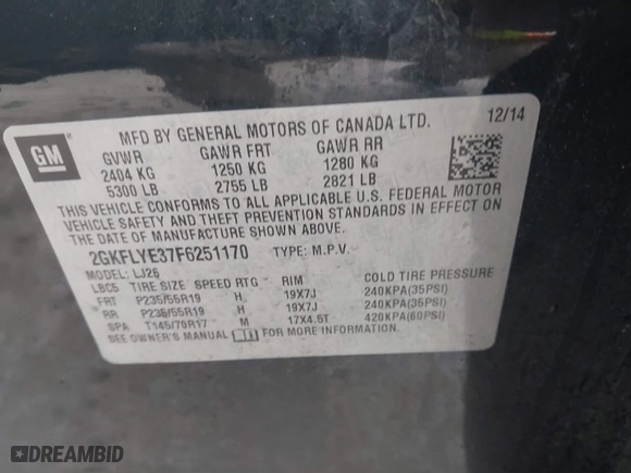 2015 GMC Terrain SLT with VIN 2GKFLYE37F6251170, listed as a IAAI auction lot 41690412 with 129,756 mi miles. Bid and sale history available at carsss.com. Image 9.