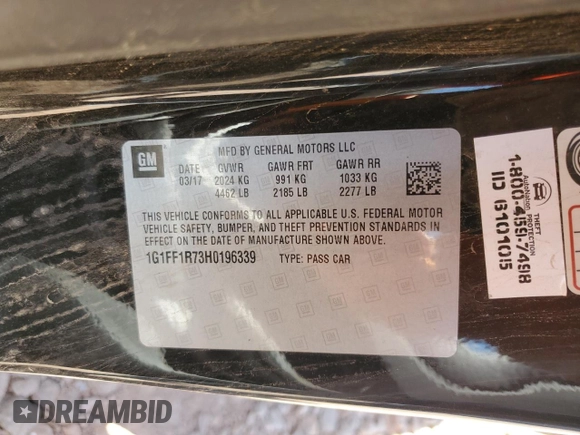 2017 Chevrolet Camaro 1SS with VIN 1G1FF1R73H0196339, listed as a Copart auction lot 59788315 with Not provided miles and Salvage title. Bid and sale history available at DreamBid. Image 13.