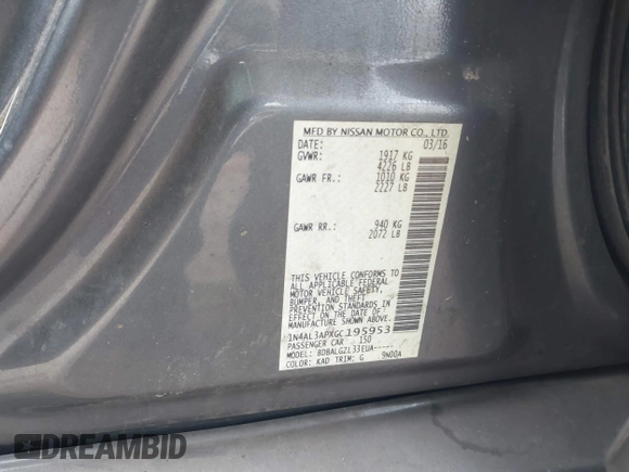 2016 Nissan Altima SV with VIN 1N4AL3APXGC195953, listed as a IAAI auction lot 41230051 with 164,611 mi miles and . Bid and sale history available at DreamBid. Image 9.