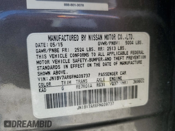 2015 Infiniti Q50 Premium with VIN JN1BV7AR6FM409737, listed as a Copart auction lot 53280395 with 65,963 mi miles and Salvage Title. Bid and sale history available at carsss.com. Image 14.