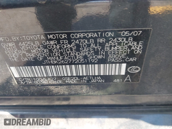 2007 Lexus IS 250 with VIN JTHBK262772051192, listed as a IAAI auction lot 42593448 with 165,913 mi miles and . Bid and sale history available at DreamBid. Image 9.