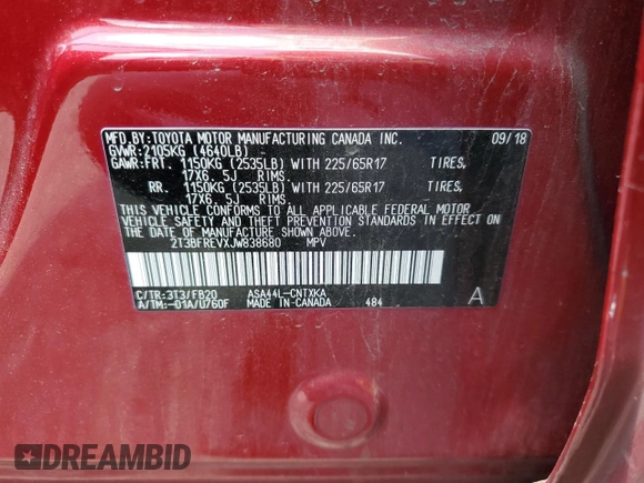 2018 Toyota RAV4 LE with VIN 2T3BFREVXJW838680, listed as a Copart auction lot 61452055 with 79,016 mi miles and Salvage title. Bid and sale history available at DreamBid. Image 13.