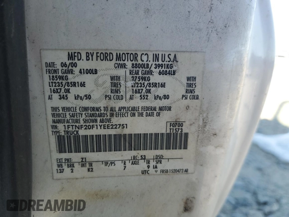 2000 Ford Super Duty F-250 XL with VIN 1FTNF20F1YEE22751, listed as a Copart auction lot 75277264 with 353,884 mi miles and Salvage Title. Bid and sale history available at carsss.com. Image 13.
