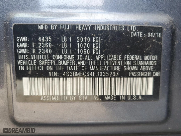 2014 Subaru Legacy 2.5i Premium with VIN 4S3BMBC64E3035297, listed as a Copart auction lot 48906365 with 136142 miles and Salvage Title. Bid and sale history available at carsss.com. Image 12.