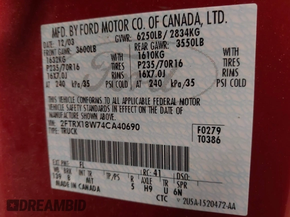 2004 Ford F-150 XL with VIN 2FTRX18W74CA40690, listed as a IAAI auction lot 41507958 with 182,136 mi miles and . Bid and sale history available at DreamBid. Image 9.
