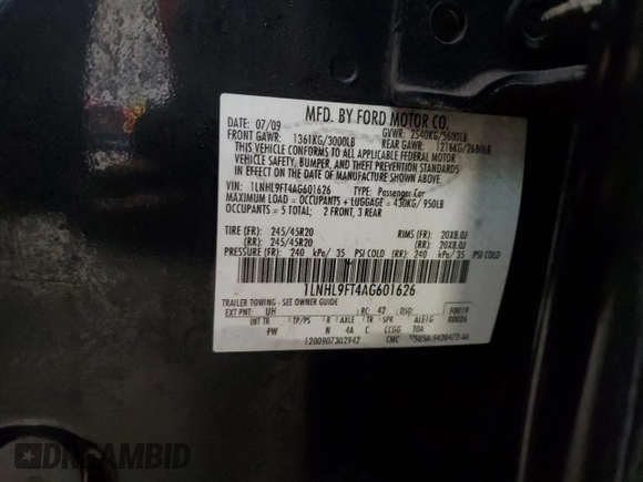 2010 Lincoln MKS EcoBoost with VIN 1LNHL9FT4AG601626, listed as a Copart auction lot 45730095 with 169,603 mi miles and Salvage Title. Bid and sale history available at carsss.com. Image 12.