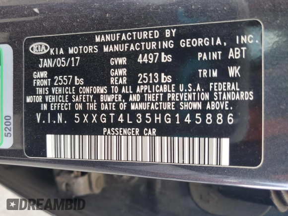 2017 Kia Optima LX with VIN 5XXGT4L35HG145886, listed as a Copart auction lot 63616595 with 105,242 mi miles and Salvage title. Bid and sale history available at DreamBid. Image 12.