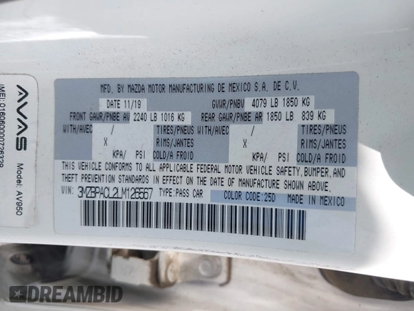 2020 Mazda 3 Select with VIN 3MZBPACL2LM126567, listed as a IAAI auction lot 41964527 with Not provided miles and . Bid and sale history available at DreamBid. Image 9.